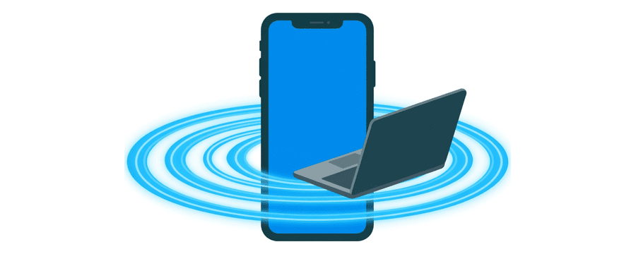 Illustrazione: un telefono che emette ampi anelli di segnale blu, con un computer portatile nell'anello esterno