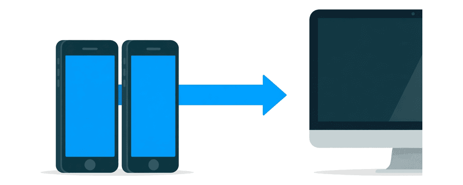 Ilustración: dos smartphones uno junto al otro, cada uno con una flecha azul recta apuntando hacia la misma pantalla de escritorio