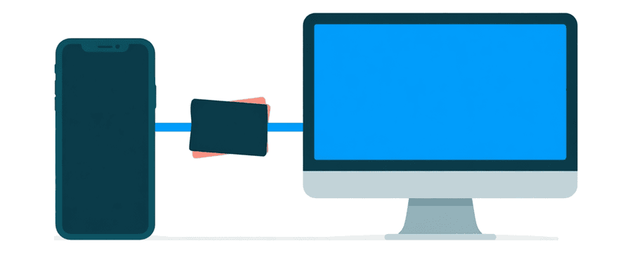 Illustration: ein Smartphone und ein Desktop-Bildschirm nebeneinander, verbunden durch eine kurze blaue Linie, auf der eine kleine Bildminiatur liegt