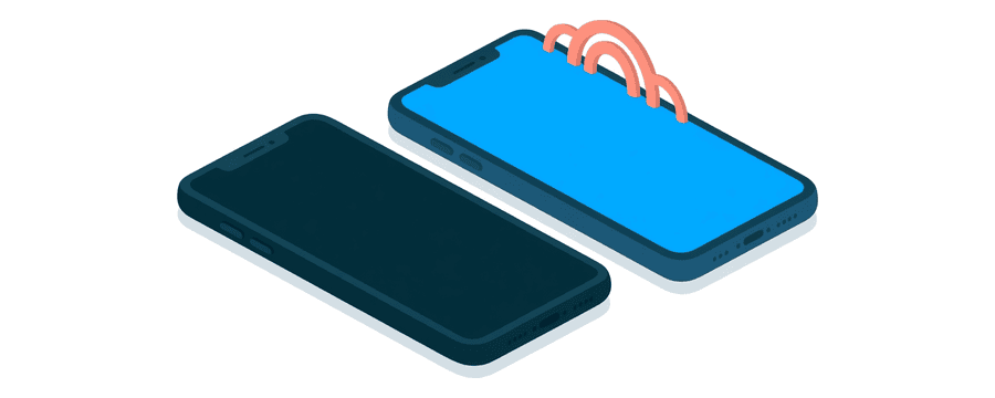 Illustration: zwei Smartphones nebeneinander, das linke einfarbig marineblau und das rechte blau mit drei kleinen korallenfarbenen Bögen darüber