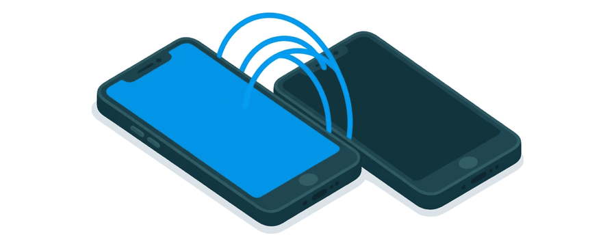 Illustration: zwei Smartphones ganz nah beieinander, verbunden durch drei kurze blaue Bögen, mit viel leerem Weiß ringsherum