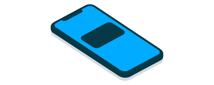 Illustration: ein einzelnes Smartphone, leuchtend blauer Bildschirm, mit einem kleinen abgerundeten marineblauen Rechteck nahe der Oberkante
