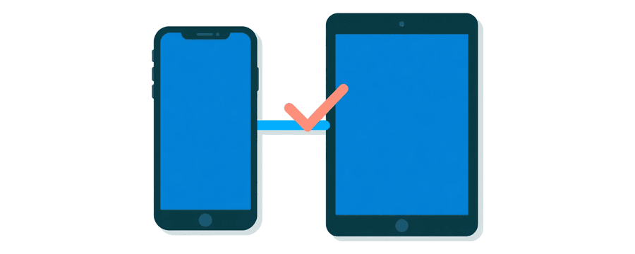Illustration: ein Smartphone und ein Tablet nebeneinander, verbunden durch eine kurze blaue Linie mit einem kleinen korallenfarbenen Häkchen dazwischen