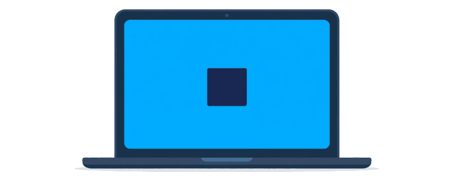 Illustration: ein einzelner Laptop, einfarbig leuchtend blauer Bildschirm, mit einem kleinen marineblauen Quadrat in der Mitte