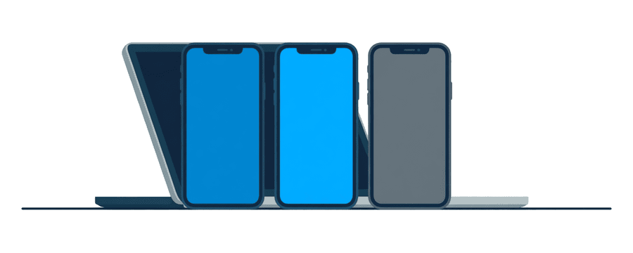 Illustration : trois smartphones alignés à côté d'un ordinateur portable, deux en bleu et le plus éloigné en gris