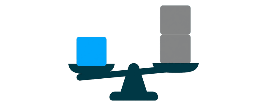 Illustration : une balance avec un petit carré bleu d'un côté et une pile de carrés gris de l'autre