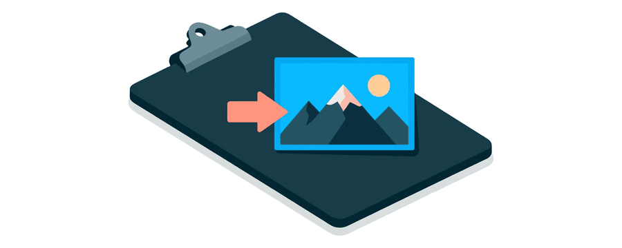 Ilustración: una tablilla con sujetapapeles apoyada en plano con una base azul marino, sosteniendo una tarjeta de foto azul con un paisaje sencillo de montaña y sol, con una flecha corta color coral que la señala