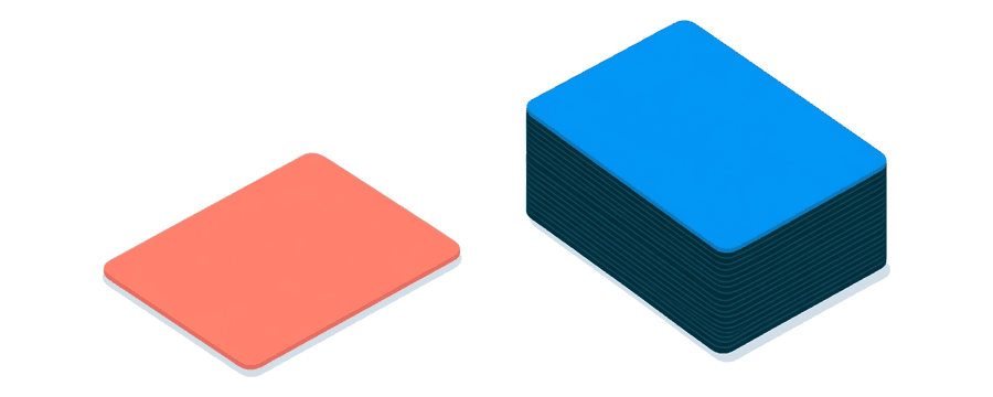 Ilustración: una pequeña tarjeta de foto color coral a la izquierda y una pila alta y ordenada de tarjetas de foto azul marino y azules a la derecha, con un amplio espacio vacío entre ambas