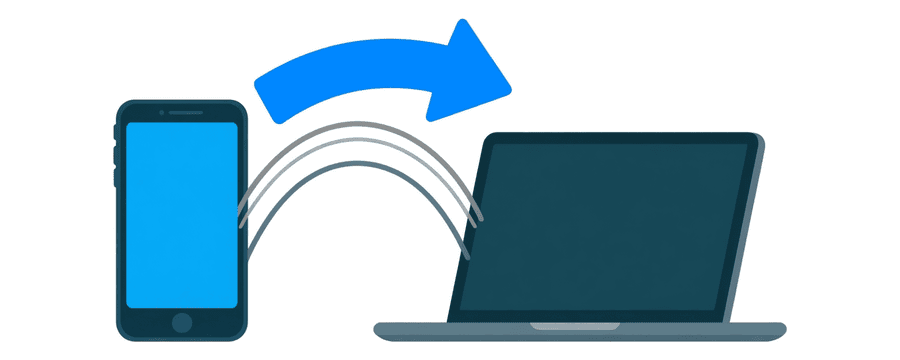 Illustration: ein Handy und ein Laptop, verbunden durch drei geschwungene Pfeile, nur der obere ist blau