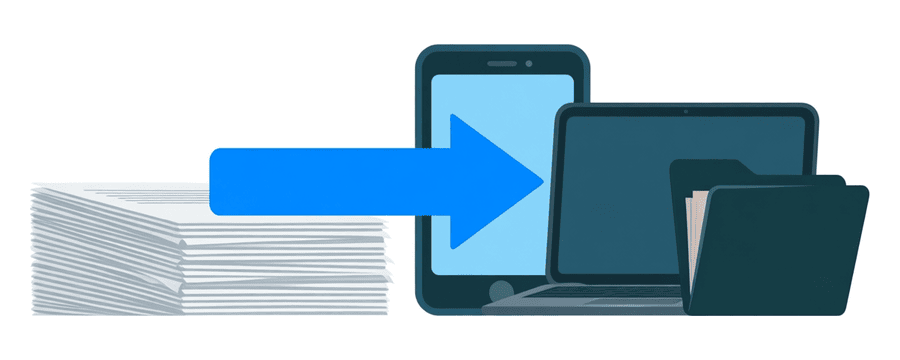 Illustration: ein Stapel Dokumentseiten bewegt sich entlang eines blauen Pfeils vom Handy zu einem Laptop