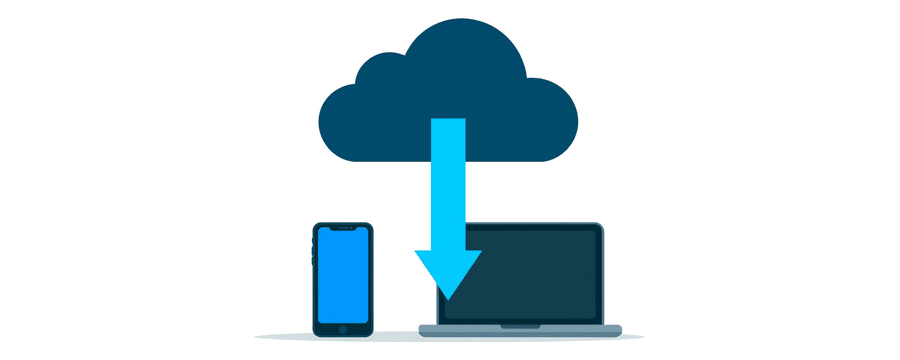 Illustration: ein langer blauer Pfeil steigt vom Handy zu einer Wolke auf und sinkt wieder zu einem Laptop hinab