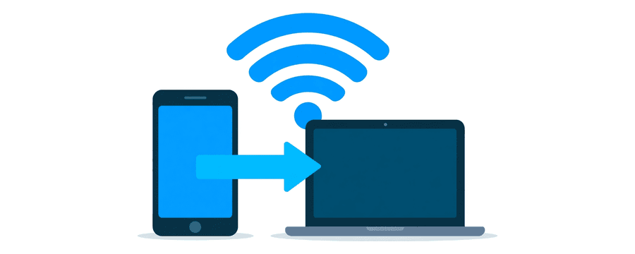 Illustration: ein Handy und ein Laptop, verbunden durch einen kurzen blauen Pfeil unter einem großen WLAN-Symbol