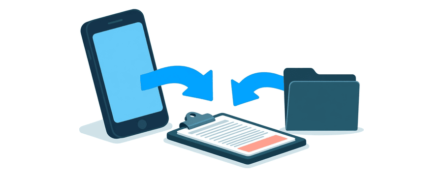 Illustration: zwei blaue Pfeile verlassen ein Handy, einer zu einer flachen Zwischenablage und der andere zu einem geschlossenen Ordner