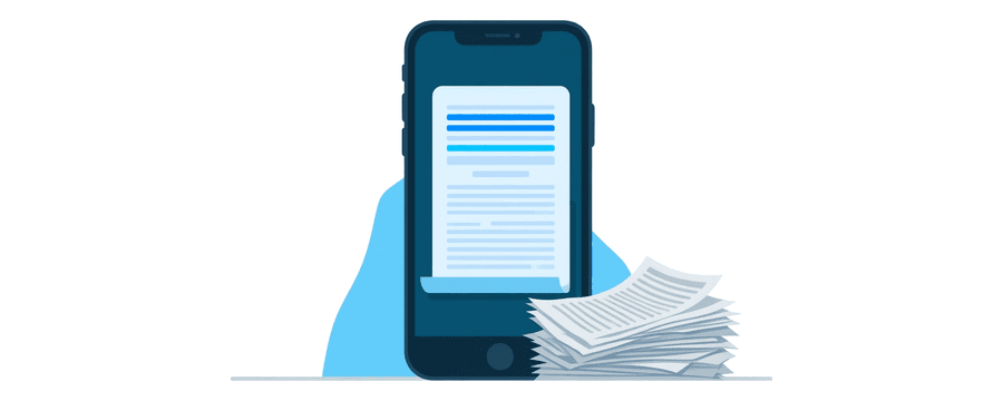 Illustration: ein Telefon zeigt eine gescannte Seite mit zwei markierten Zeilen, daneben ein loser Stapel Blätter