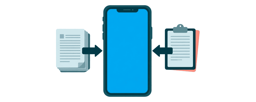 Illustration: ein Telefon sendet einen Pfeil zu einem gehefteten Seitenstapel und einen weiteren zu einem Klemmbrett mit einer einzelnen Seite
