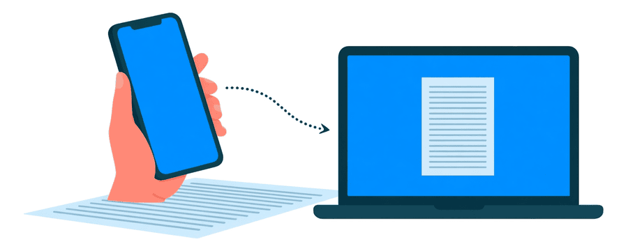 Illustration: ein Telefon über einem Blatt Papier, mit einem gestrichelten Pfeil, der die Seite zum Bildschirm eines Laptops trägt