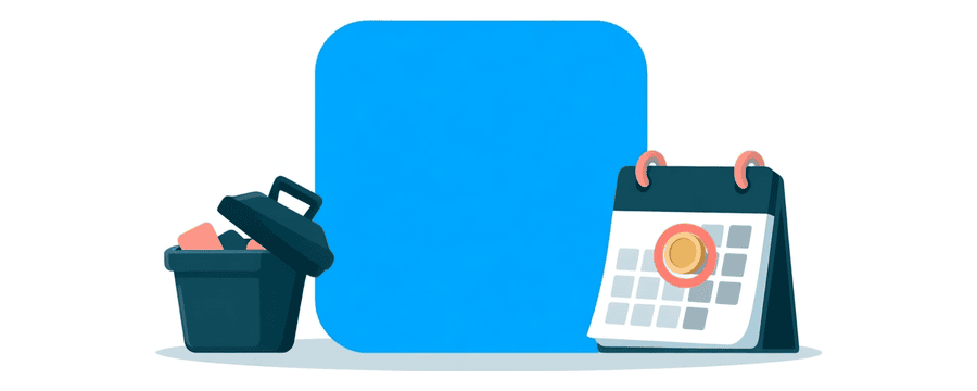 Illustration: eine App-Kachel fällt in einen Papierkorb, daneben ein Kalender mit einer Münze auf einem eingekreisten Tag