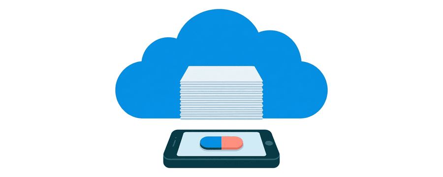 Illustration: ein Stapel Blätter liegt in einer Wolke über einem Telefon, dessen Schalter ausgeschaltet ist