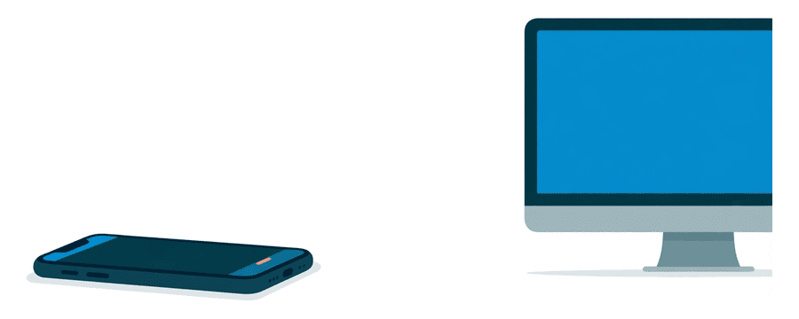 Illustration: links ein Smartphone und weit rechts ein Desktop-Bildschirm, mit einer großen Leere dazwischen