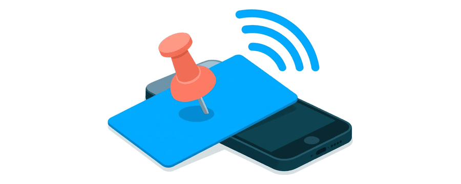 Illustration: eine angeheftete blaue Karte neben einem Smartphone, von dem blaue Signalbögen aufsteigen