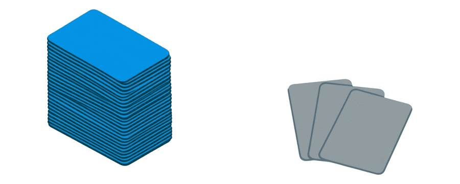 Illustration: links ein hoher Stapel blauer Karten und rechts drei weit auseinanderliegende graue Karten