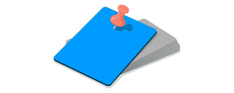 Illustration: eine blaue Karte, gehalten von einer korallenroten Stecknadel, daneben verstreute graue Karten