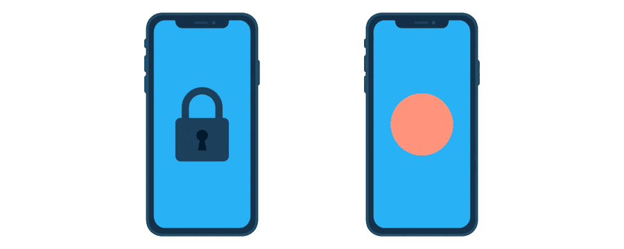 Illustration: zwei flach liegende Smartphones, eines mit geschlossenem Schloss, das andere mit einem korallenfarbenen Kreis