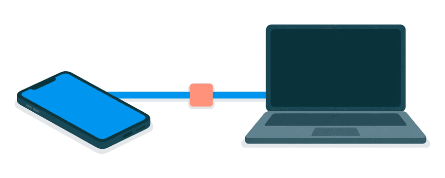 Illustration: eine blaue Linie zwischen einem Smartphone und einem Laptop, unterbrochen durch eine Lücke mit einem korallenfarbenen Quadrat
