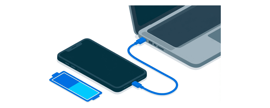 Illustration: ein Smartphone mit einem fast vollen blauen Akkusymbol daneben und einem Kabel zu einem Laptop