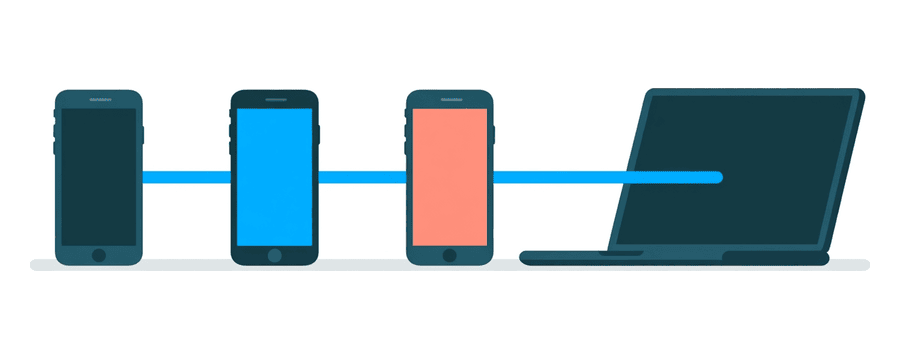 Illustration: drei aufgereihte Smartphones, jedes durch eine kurze blaue Linie mit demselben Laptop verbunden
