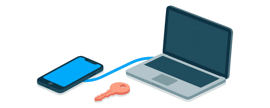 Illustration: ein Smartphone und ein Laptop, verbunden durch eine blaue Linie, ein korallenfarbener Schlüssel dazwischen