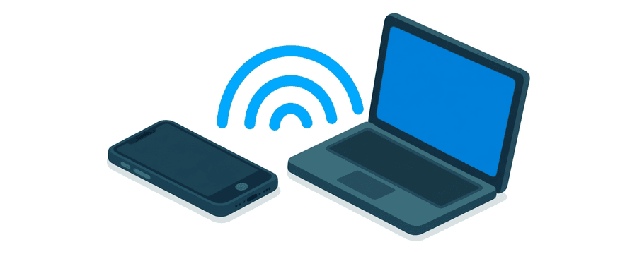 Illustration: drei blaue Bögen im Raum zwischen einem Smartphone und einem Laptop