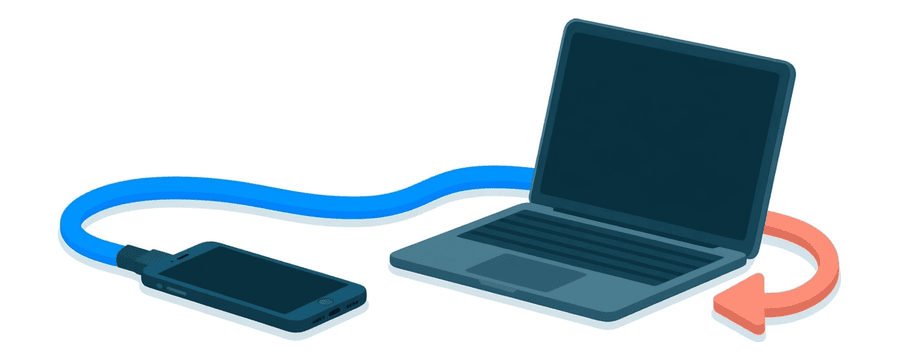 Illustration: ein blaues Kabel zwischen einem Smartphone und einem Laptop, ein korallenfarbener Kreispfeil daneben