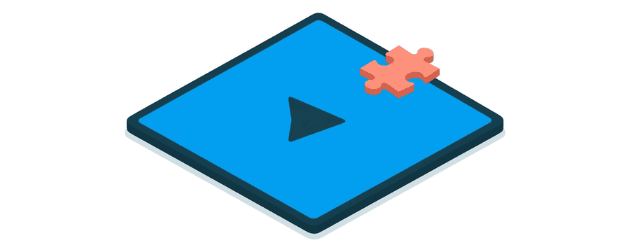 Illustration: ein flacher Bildschirm mit einem Wiedergabesymbol und einem korallenfarbenen Puzzleteil, das in seine Ecke gleitet