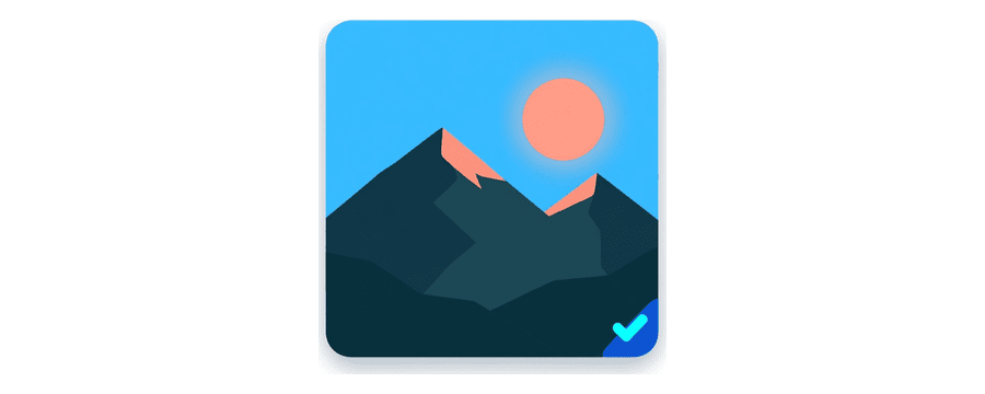 Illustration: eine Fotokarte mit einem Berg und einer Sonne, mit einem kleinen blauen Häkchen in der Ecke