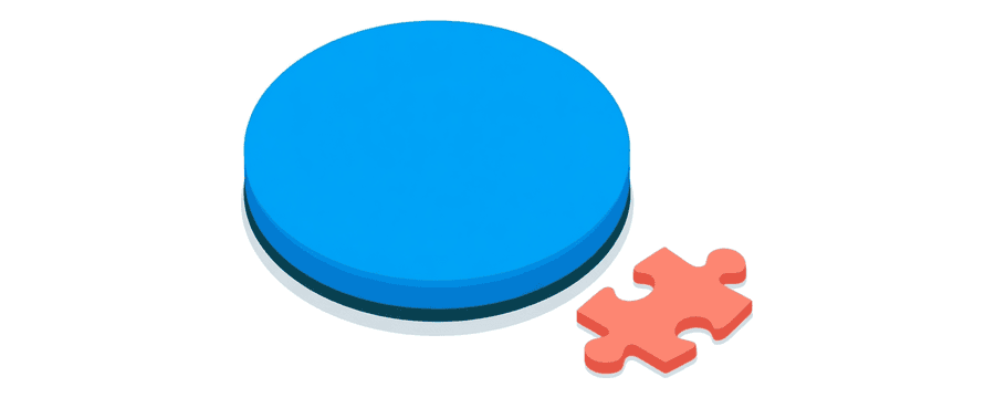 Illustration: eine einfarbige blaue Scheibe neben einem kleinen korallenfarbenen Puzzleteil