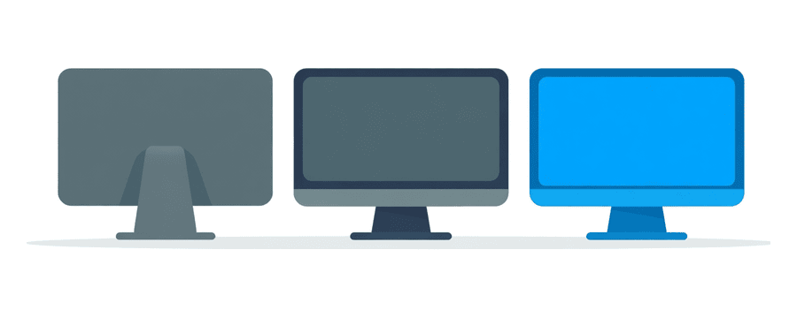 Illustration: drei Desktop-Bildschirme nebeneinander, zwei grau und einer blau