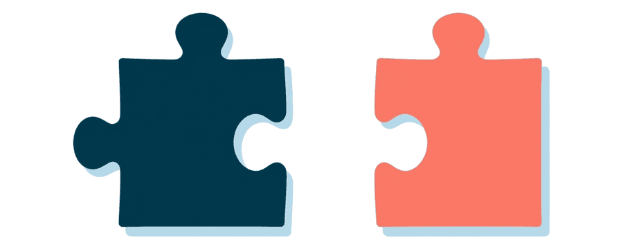 Illustration: zwei flache Puzzleteile in Distanz zueinander platziert, eines marineblau und eines korallenfarben, mit viel leerem Raum dazwischen