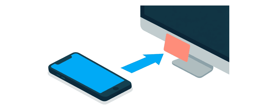 Illustration: ein Smartphone links mit einem geraden blauen Pfeil, der auf einen Desktop-Bildschirm zeigt, eine kleine korallenfarbene Bildkarte am Ende des Pfeils