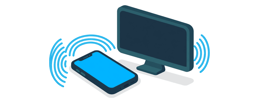 Illustration: ein Smartphone und ein Desktop-Bildschirm in derselben abgerundeten Kontur, verbunden durch drei blaue Signalbögen