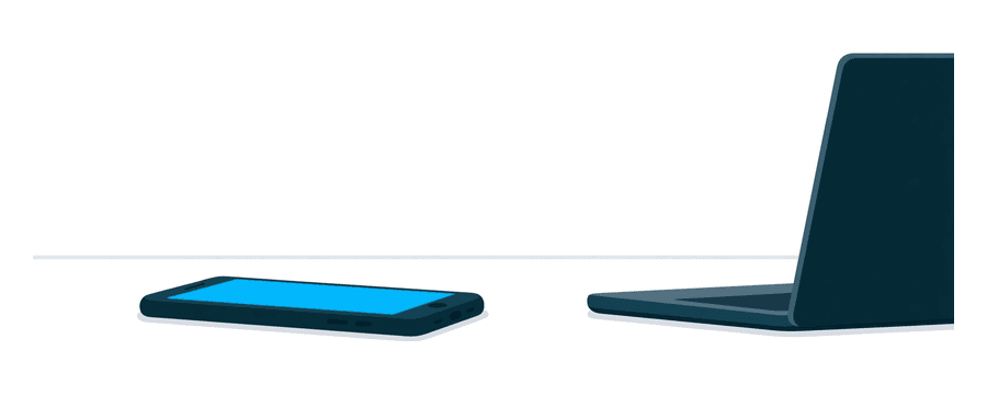 Illustration: ein Smartphone links liegend und ein geschlossener Laptop weit rechts, mit viel leerem Raum dazwischen