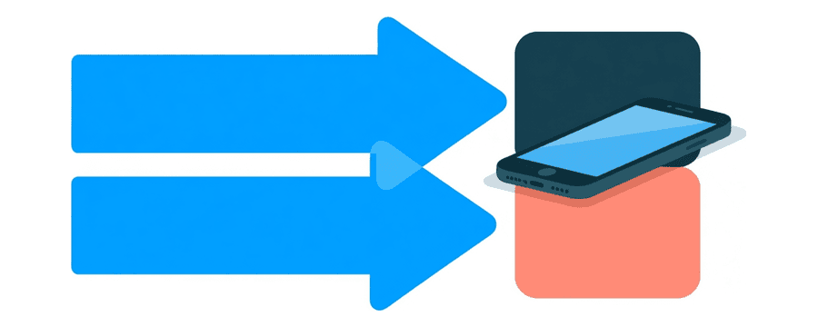 Illustration: zwei gerade blaue Pfeile nebeneinander, die auf ein Smartphone zeigen, einer ausgehend von einer marineblauen Kachel und der andere von einer korallenfarbenen Box