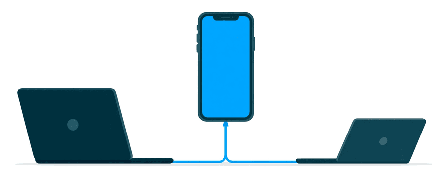 Illustration: ein Smartphone, verbunden durch eine kurze blaue Linie mit einem geschlossenen Laptop, und ein zweiter geschlossener Laptop allein weit rechts