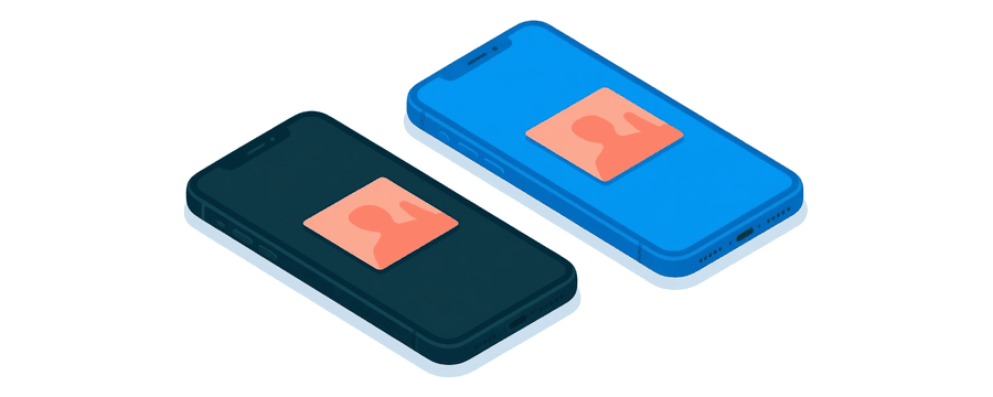 Ilustración: dos smartphones colocados planos uno junto al otro, uno azul marino y otro azul vivo, cada uno con una pequeña tarjeta de foto coral