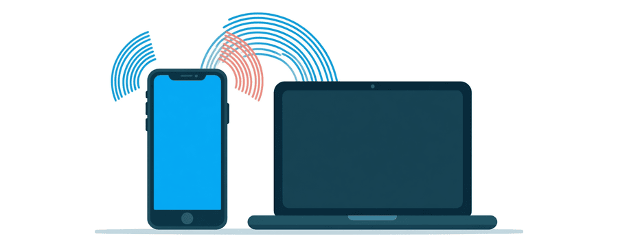 Illustration: ein Smartphone und ein Laptop mit blauen, gebogenen Signalbögen dazwischen