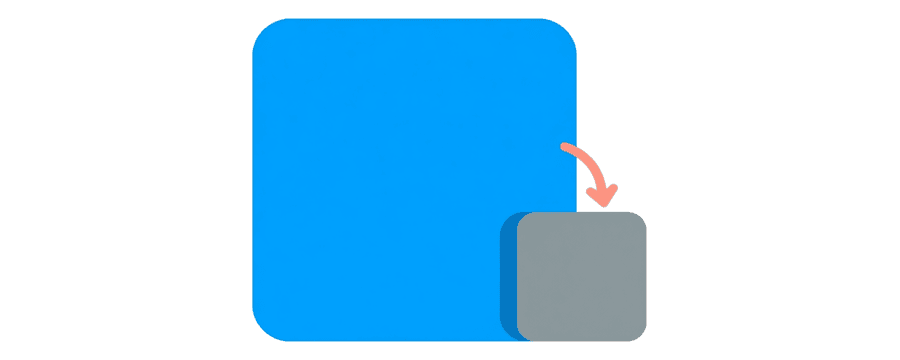 Illustration: ein großes blaues Quadrat mit einem Pfeil zu einer viel kleineren grauen Kopie von sich selbst