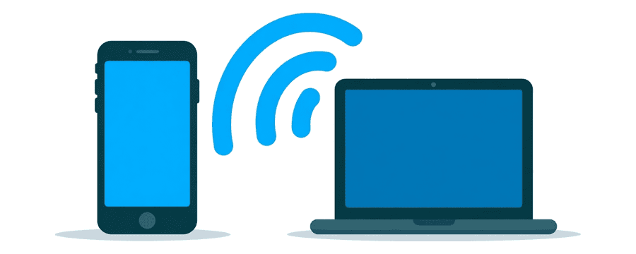 Illustration: ein Smartphone und ein Laptop getrennt voneinander, mit blauen Signalbögen im Raum dazwischen