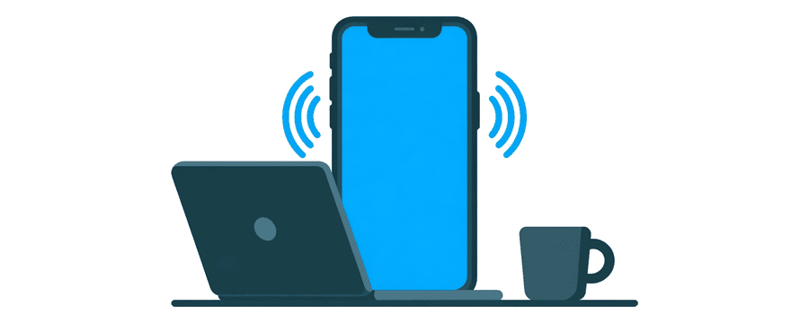 Illustration: ein Smartphone, das blaue Signalbögen aussendet, neben einem Laptop und einer Tasse Kaffee