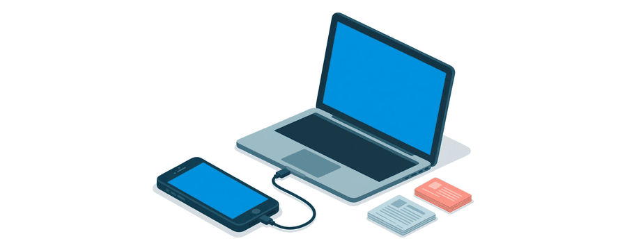 Illustration: ein Smartphone, das über ein kurzes Kabel mit einem Laptop verbunden ist, mit einfarbigen Dateisymbolen daneben
