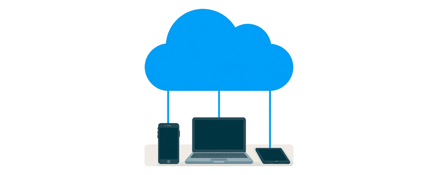 Illustration: eine Wolke mit dünnen blauen Linien, die zu einem Smartphone, einem Laptop und einem Tablet hinabführen